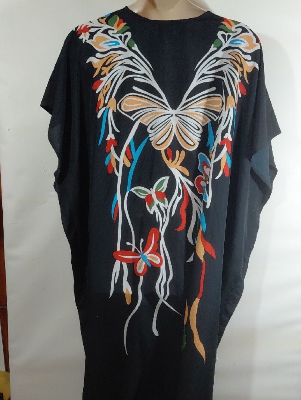 Black Caftan with Colorful Floral & Butterfly Print One Size - Picture 7 of 8